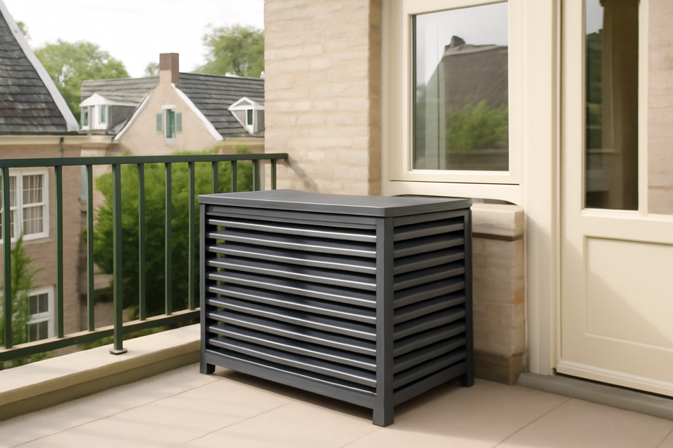 Airco omkasting op een smal balkon (illustratie)