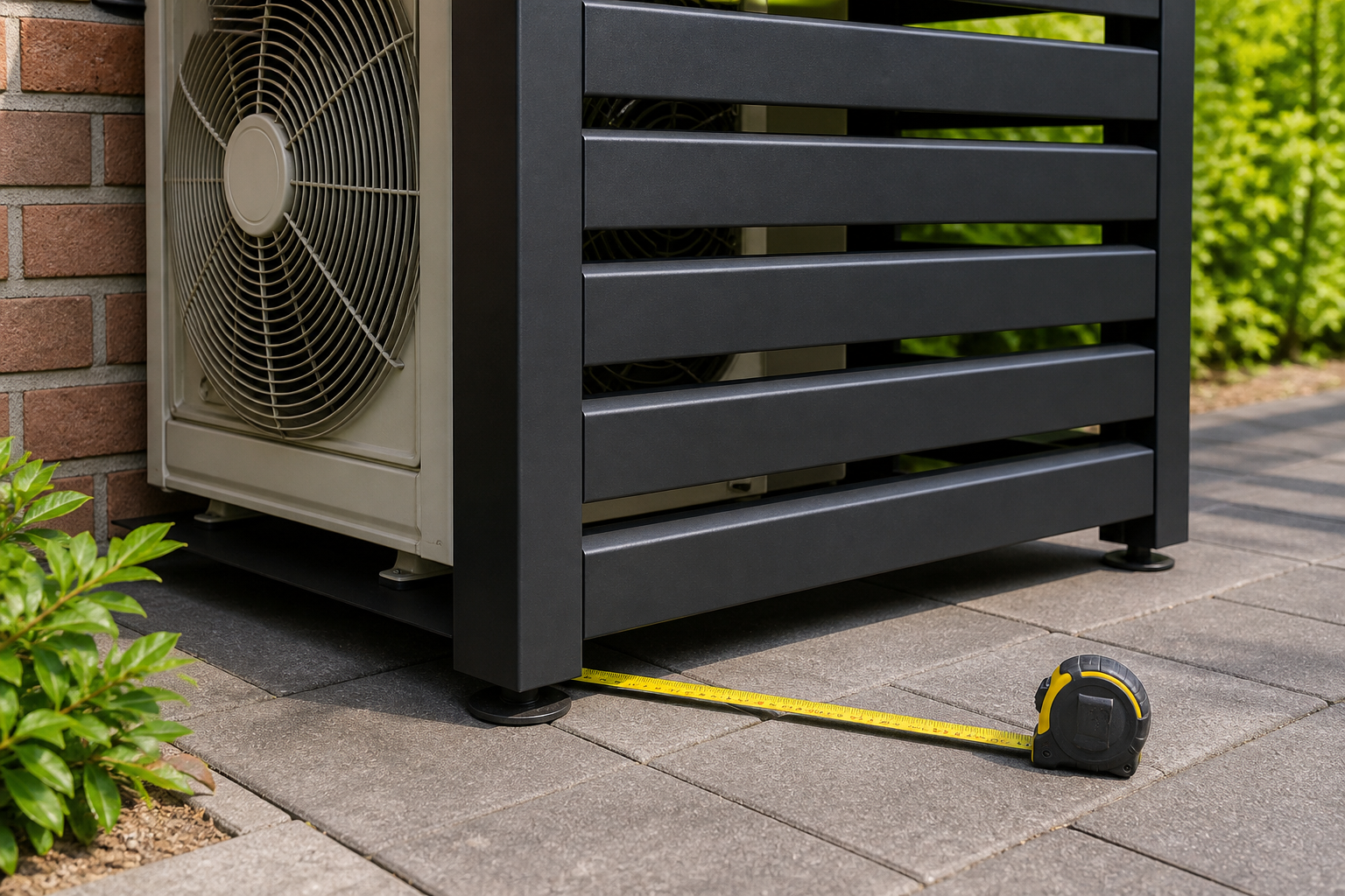 Rolmaat naast airco buitenunit voor maatcheck