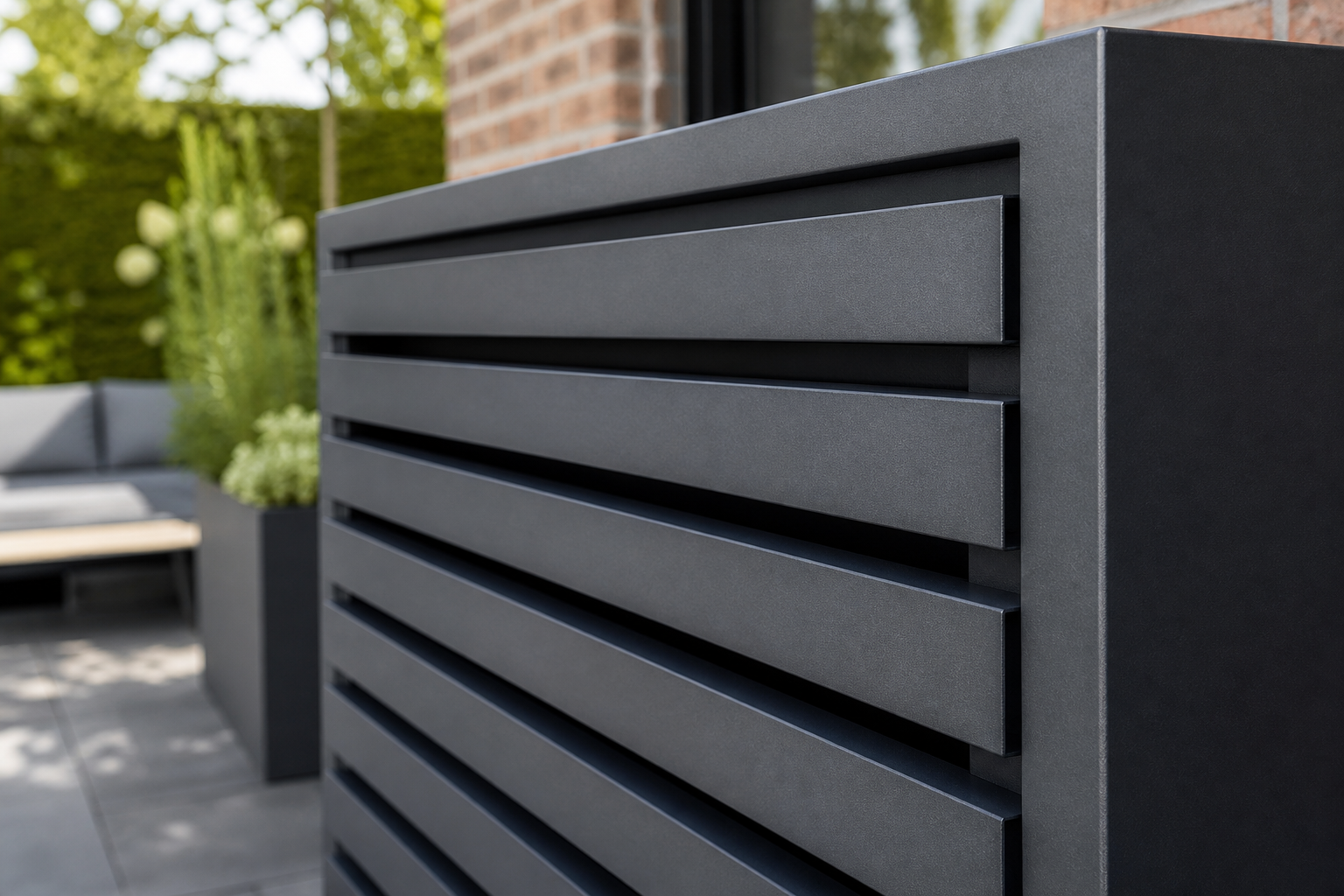 Detailbeeld van slatten en materiaalafwerking van een airco behuizing