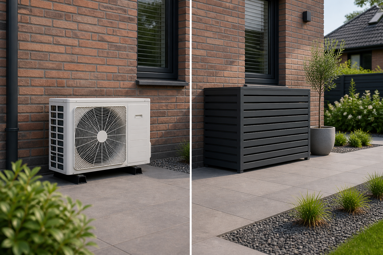 Airco buitenunit met nette behuizing in een rustige buitenruimte