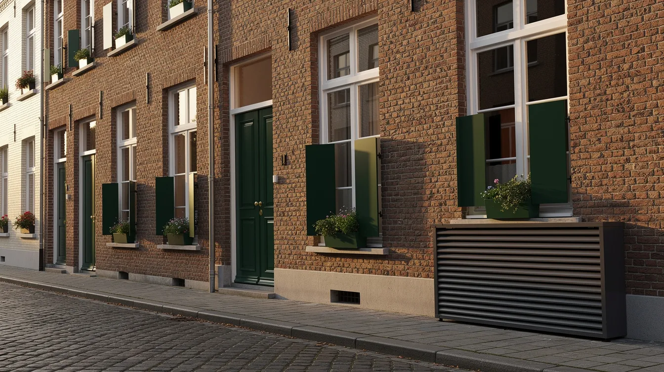 Belgische rijhuisgevel met discrete antracieten omkasting voor de buitenunit