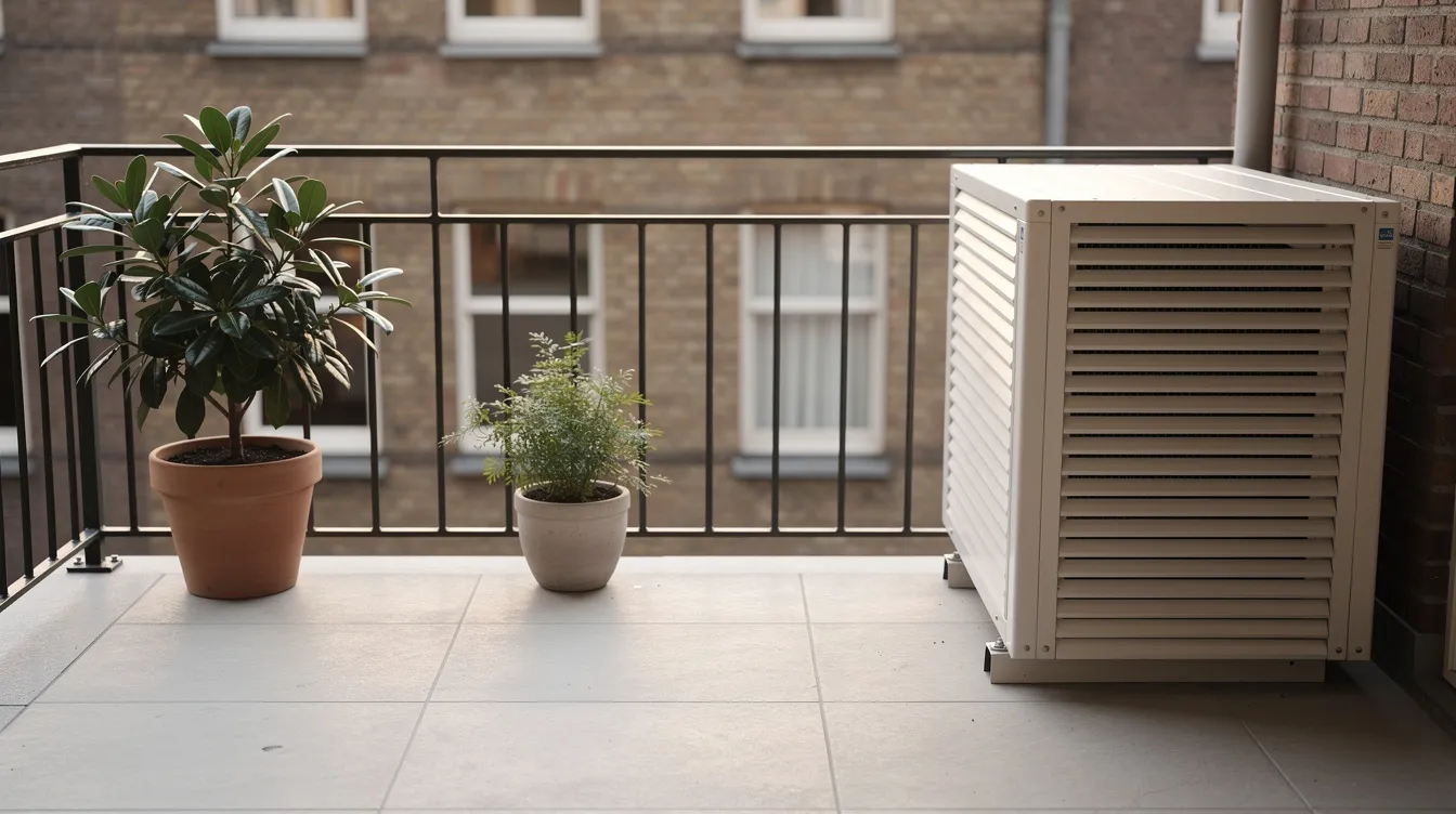 Wit lamellenomkasting om een buitenunit op een stadsbalkon in ochtendlicht