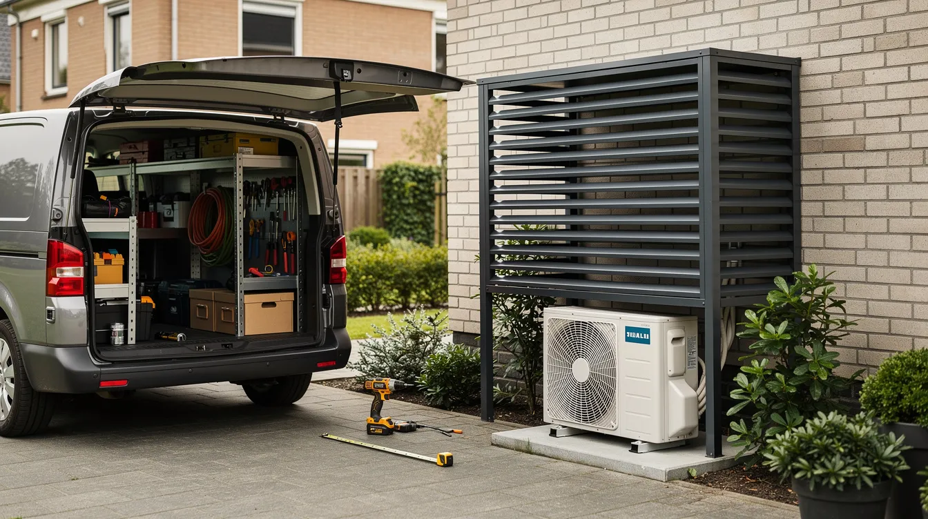 Geopende werkbus met gereedschap naast een buitenunit met antracieten lamellenomkasting